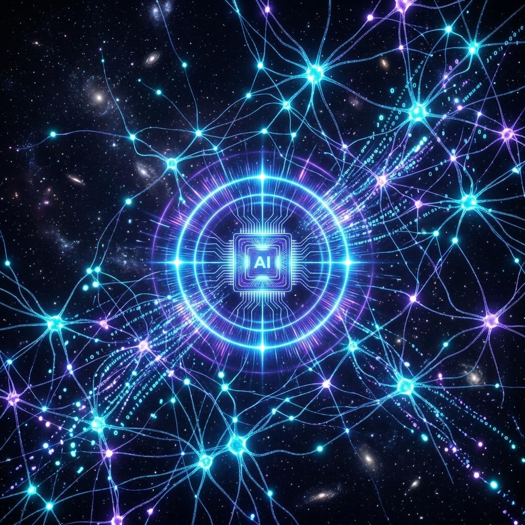 Neural network and AI visualization with glowing nodes and data streams