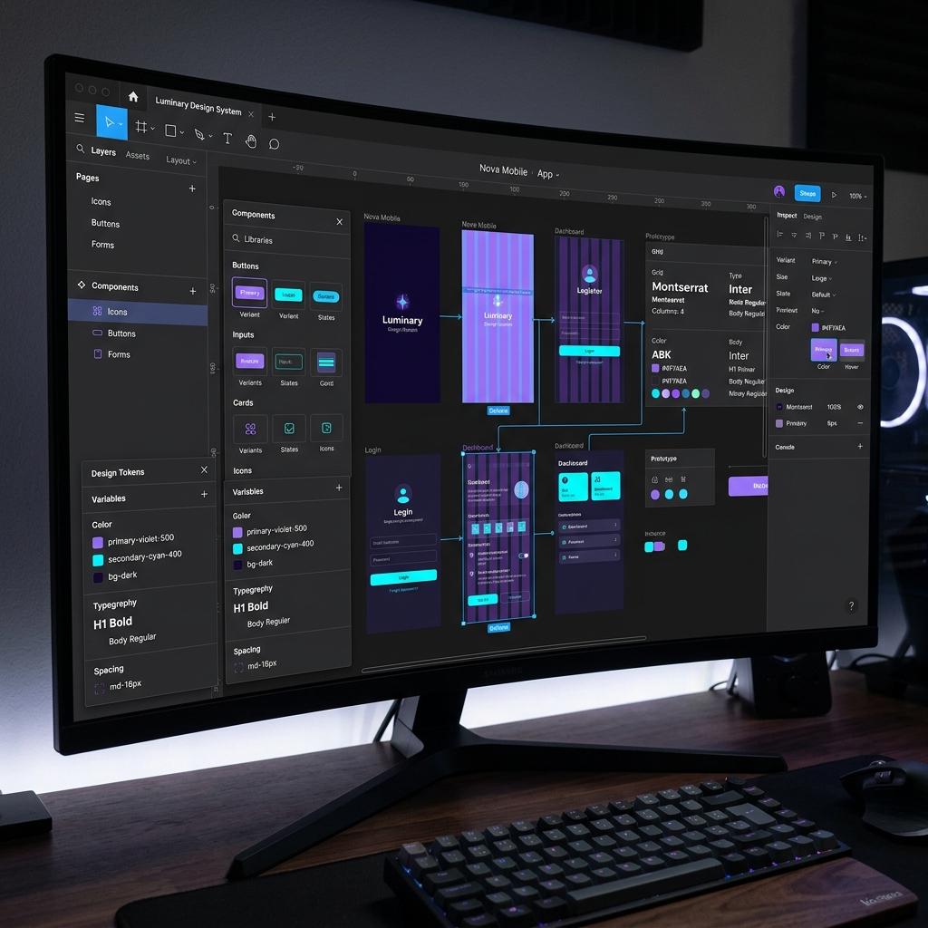 Design workspace showing UI component libraries and prototypes