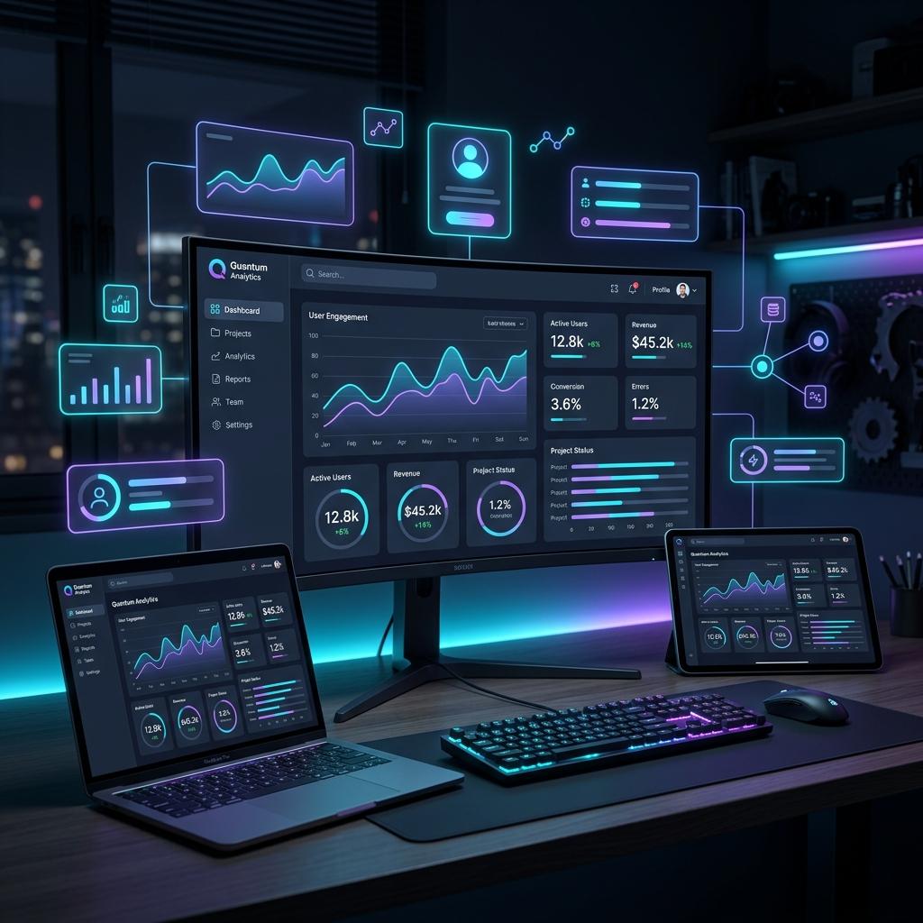 Modern web application dashboard displayed across multiple devices